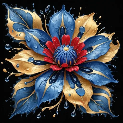 Prompt: digital watercolor painting, a painting of a blue and gold flower with drops of water on it's petals and leaves on the petals, Android Jones, generative art, fractals, an airbrush painting, paint splatter, black and red, bold brush strokes, art nouveau