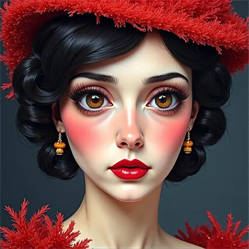 Prompt: <mymodel>fashionable 1st class  female passenger on the Titanic, pale skin, dark styled hair, large lips,  looking sad, facial closeup, vibrant colors, red dress and elaborate hat with feathers