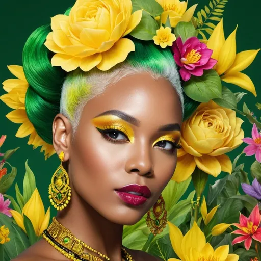 Prompt: <mymodel>In a majestic detailed floral the mystical Empress, a black woman with green and yellow hair, stands tall amidst vibrant flora, embodying divine grace and feminine power.