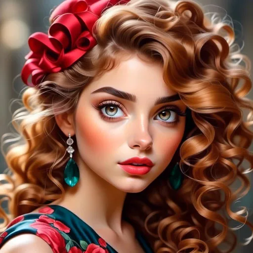Prompt: <mymodel>woman with big  eyes and carmine lips, curly hair,,  pink cheeks
