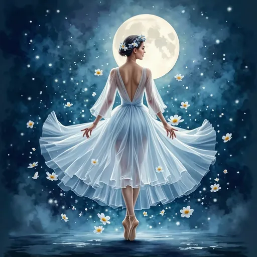 Prompt: On a dreamy midnight stage, a mystical ballerina glows in pure white light. She is the spirit of the lily, embodying purity and grace. Her skirt flutters like lily petals, and her movements release a soft floral fragrance and gentle glow.Her translucent skin and silver hair shimmer under the moonlight. Her deep eyes hold serenity, and each step leaves ripples of light in the air, as if time momentarily pauses.Dressed in a lily-inspired ballet costume adorned with dewdrop-like sparkles, she twirls on a misty stage bathed in moonlight. Light flows with her movements, creating an enchanting display.Generate an image of this mystical lily ballerina, capturing her attire, stage, dance, and ethereal presence