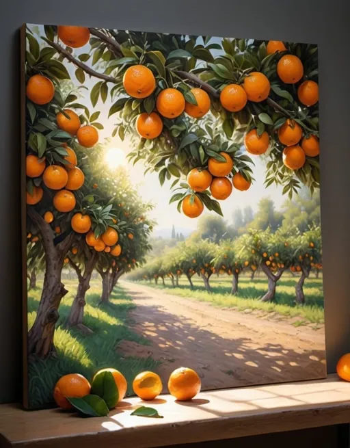 Prompt: Vibrant, realistic painting of an enchanting orange orchard, warm sunlight filtering through lush foliage, ripe oranges hanging from branches, detailed leaves and textures, high quality, oil painting, vibrant, warm tones, realistic, detailed foliage, enchanting atmosphere, professional lighting