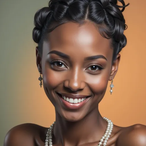 Prompt: A radiant young black woman exudes warmth and confidence, her smile brightening the scene as she gazes directly at the viewer. Her hair is elegantly styled in soft curls, complementing her graceful features, while her expressive eyes shimmer with enthusiasm. Adorning her neck is a delicate strand of pearls, and she has sparkling earrings that catch the light, adding to her regal presence. The background features a smooth gradient of soft greens and warm oranges, enhancing the overall luminosity and drawing attention to her striking beauty. This portrait captures a moment of pure joy and elegance, radiating positivity and charm.