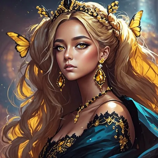 Prompt: <mymodel>Queen bee-A beautiful woman with golden hair arrainged in a top knot behind a gold tiara. Amber colored eyes, gown in colors of yellow and black, facial closeup