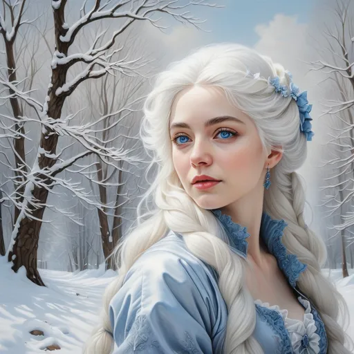 Prompt: a woman with blue eyes and white hair in the snow with trees in the background and snow on the ground, Elina Karimova, rococo, white hair, a photorealistic painting