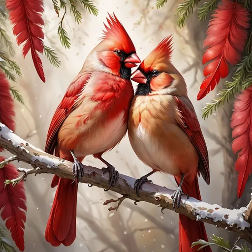 Prompt: Pair of mated Cardinal birds on tree branch, realistic painting, vibrant red feathers, detailed feathers, natural setting, high quality, realistic, traditional art, warm tones, natural lighting