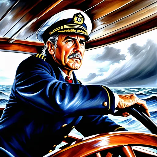 Prompt: Oil painting, ship captain at the wheel in bad squall, determination on weathered face, battling the elements, high quality, detailed, realistic, dramatic lighting, stormy seas, intense expression, traditional art style, maritime theme, wooden ship, turbulent weather, rugged features, professional artwork