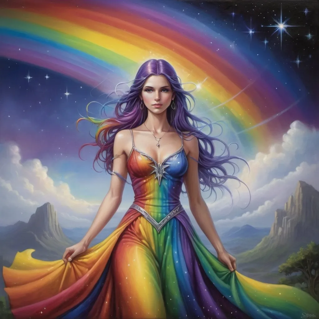 Prompt: a painting of a woman in a rainbow dress with a rainbow in the background and stars in the sky, Anne Stokes, fantasy art, mystical colors, a detailed painting