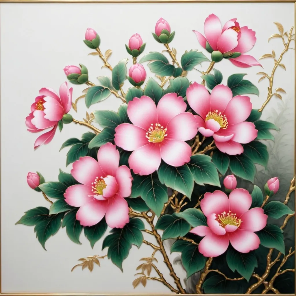 Prompt: <mymodel> a painting of pink flowers on a white background with green leaves and a gold frame on the bottom of the picture, Chen Hong, cloisonnism, highly detailed oil painting, an airbrush painting