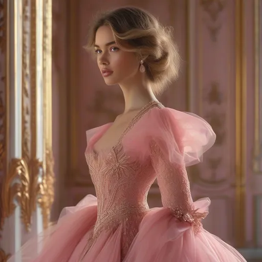 Prompt: elegant woman, graceful pose, sophisticated attire, pink evening dress, delicate lace details, serene expression, luxurious setting, warm ambient lighting, high fashion, 4K resolution, ultra-detailed, a sense of refined beauty and calmness, opulent background with subtle floral elements, evoking a feeling of timeless elegance.