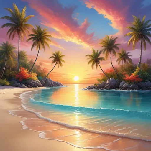 Prompt: Vibrant digital painting of a serene sea landscape, crystal clear water, golden sandy beach, colorful coral reefs, tropical palm trees swaying gently, breathtaking sunset reflecting on the water, high quality, detailed, vibrant colors, digital painting, tropical, serene atmosphere, sunset lighting