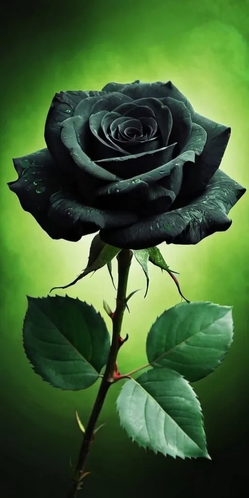 Prompt: Black rose with green leaves