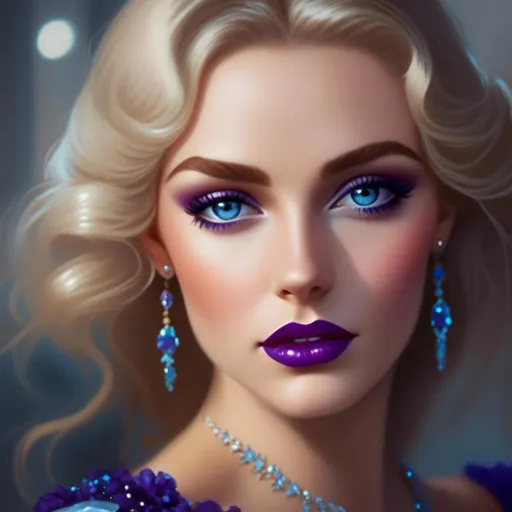 Prompt: <mymodel>Beautiful ethereal woman, long blonde hair,and icy blue eyes color, purple lipstick, facial closeup