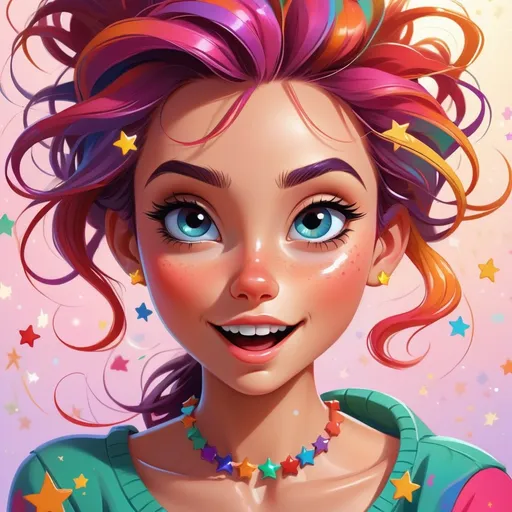 Prompt: colorful illustration of a playful girl, vibrant color palette, sparkling and twinkling elements, cartoon style, playful expression, flowing hair with vibrant colors, twinkling stars, vibrant, cartoon, playful, colorful, twinkling, sparkling, lively expression, vibrant hair, colorful palette
