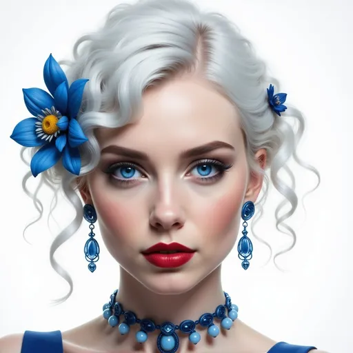 Prompt: a woman with white hair and a blue dress with a blue flower in her hair and a blue necklace, Edwin Georgi, fantasy art, highly detailed digital painting, an art deco painting