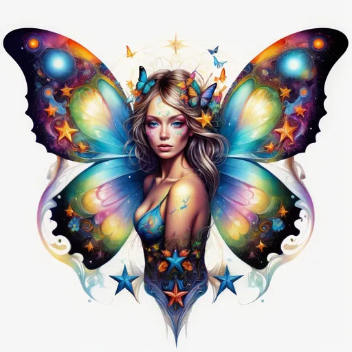 Prompt: a colorful butterfly with a woman's face on it's wings and a star above it's head, Android Jones, psychedelic art, highly detailed digital art, an airbrush painting