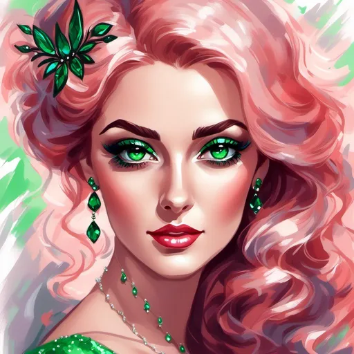 Prompt: <mymodel>Detailed illustration of a woman in vibrant green attire, large vivid green eyes, elegant makeup, digital painting, high resolution, realistic style, vibrant green, professional lighting