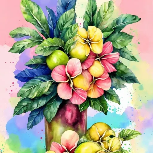 Prompt: CARIBBEAN FLOWERS PLANTS APPLES TREES MOJITO COCKTAIL GREEN TAILED WATERCOLOR BACKGROUNG