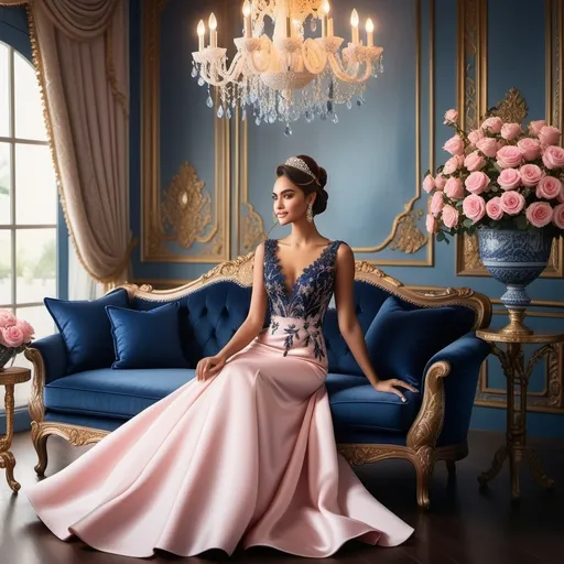 Prompt: Gracefully poised on a plush blue couch, a stunning woman in an elegant dress captivates the scene with her serene expression. Her gown, a striking combination of navy and soft pink, is adorned with delicate floral embroidery that enhances its sophistication. The opulent surroundings are embellished with ornate gold accents and a rich blue wall, complemented by exquisite chandeliers casting a warm, inviting glow throughout the luxurious setting. Fresh pink roses in an ornate vase sit beside her, adding a touch of romance to the image, which evokes a sense of timeless beauty and elegance in a lavish indoor environment.