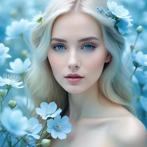 Prompt: <mymodel>beautiful woman, ethereal,dreamscape,, pale blue colors, flowers, closeup