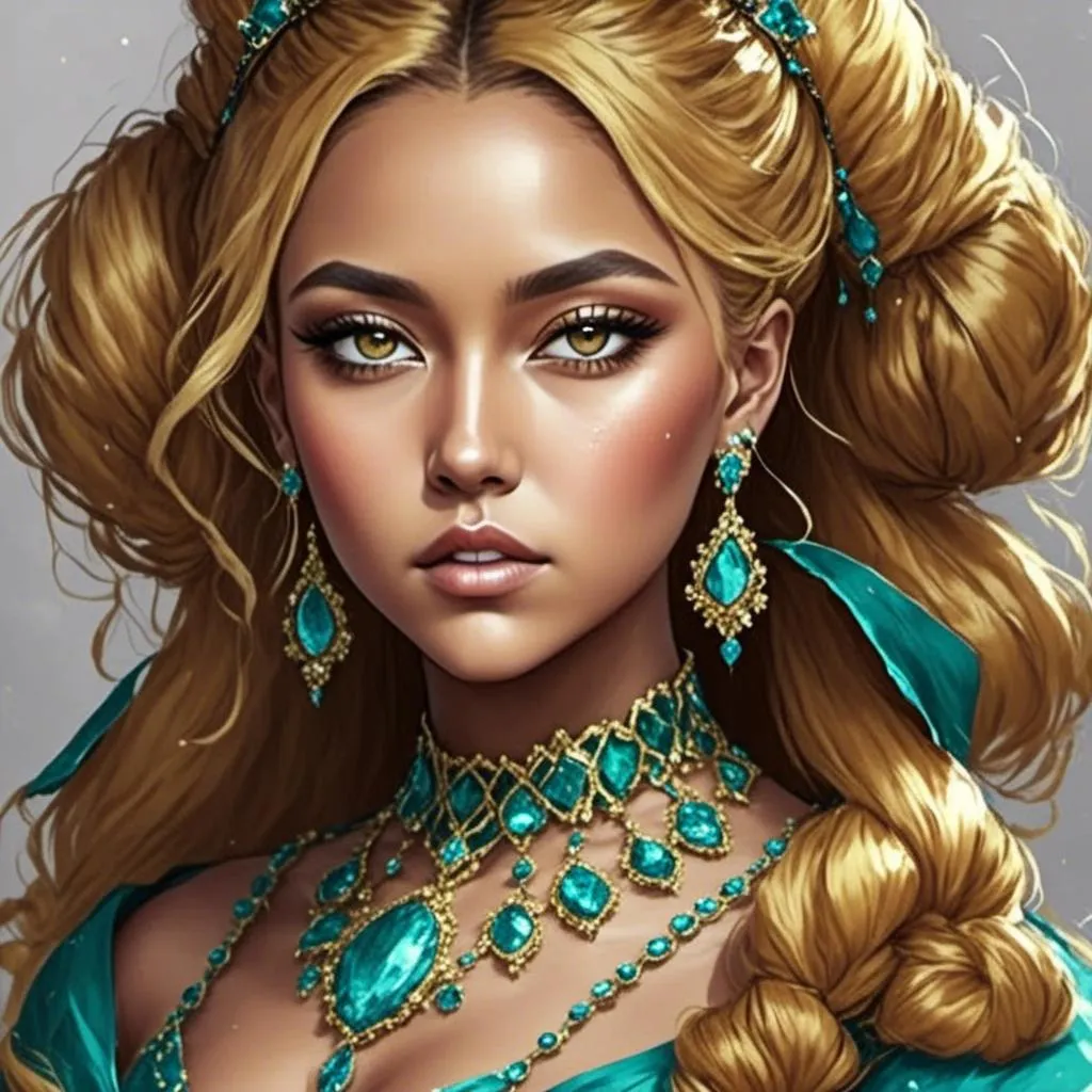 Prompt: <mymodel>An extremely gorgeous woman,  with turquoise jewels, in color scheme of turquoise and gold