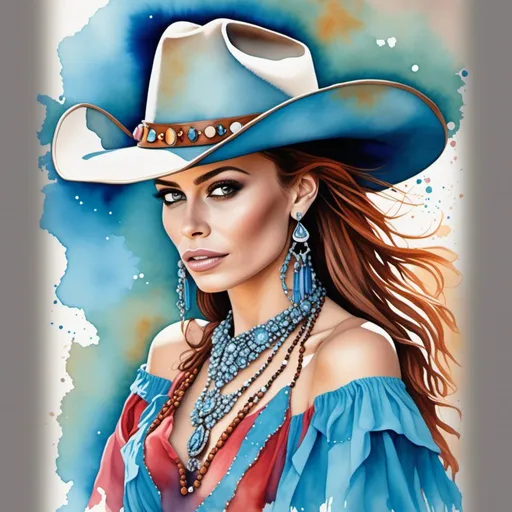 Prompt: <mymodel> a painting of a woman wearing a cowboy hat and jewelry with a blue background and a white background with a watercolor effect, Anne Stokes, figurative art, professional digital painting, a watercolor painting