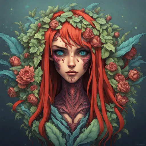 Prompt: ((Cinematic)) ((photorealistic full-body portrait)) of a mysterious hybrid creature, a fusion of dark ((floral)) and ((mechanical)) elements, wandering through an enchanted forest of bioluminescent trees and glowing plants. This unique being, with a body covered in thorny roses and intricate gears, has piercing, crimson eyes that emit an eerie, mesmerizing light. It explores the surreal, shadowy landscape, a realm where nature and technology coexist in a sinister harmony. Delicate, dark flowers intertwined with polished metal vines and sharp thorns form a haunting, intricate pattern on the creature's skin. High detail, UHD 4k wallpaper, by H.R. Giger, Brom, Dave Rapoza, and Abigail Larson.