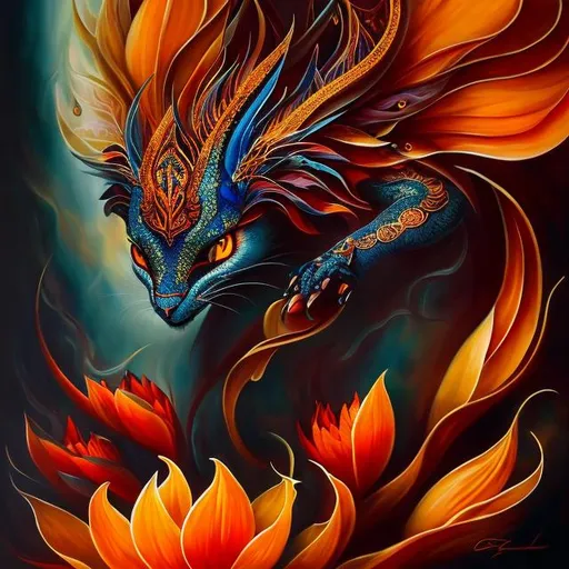 Prompt: Beautiful demon hybrid with orange flowers, oil painting, detailed fiery eyes, ethereal glow, dark and mysterious, high quality, vibrant colors, surreal, haunting, intricate floral details, intense gaze, mystical atmosphere, oil painting, demon, hybrid, fiery eyes, ethereal, vibrant colors, surreal, haunting, floral details, intense gaze, mystical atmosphere