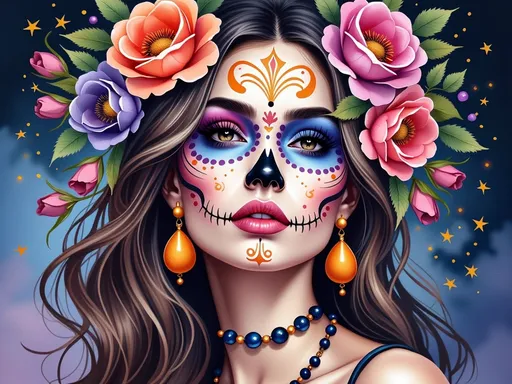 Prompt: This is a digital illustration in a vibrant, highly detailed style depicting a woman with Day of the Dead (Día de los Muertos) face paint. The subject's face is adorned with intricate, colorful designs in blue, orange, pink, and black. Her forehead features a spiderweb pattern, with a central flower and orange swirls on either side of her nose. Her nose is painted black, resembling a sugar skull, with blue and orange accents. She has large, expressive brown eyes with pink and blue eyeliner, and her lips are painted a soft pink. Her long, wavy brown hair is partially visible, framing her face. She wears a necklace with small, colorful beads and large, teardrop-shaped earrings that match her face paint. Surrounding her head are large, vividly colored roses in pink, orange, and purple, adding to the festive and ornate atmosphere. The background is a gradient of dark blue to black, with small, twinkling stars adding a magical effect. The overall composition is symmetrical and centered, highlighting the detailed and colorful face paint and floral elements. The image exudes a sense of celebration and cultural richness, characteristic of Día de los Muertos traditions.