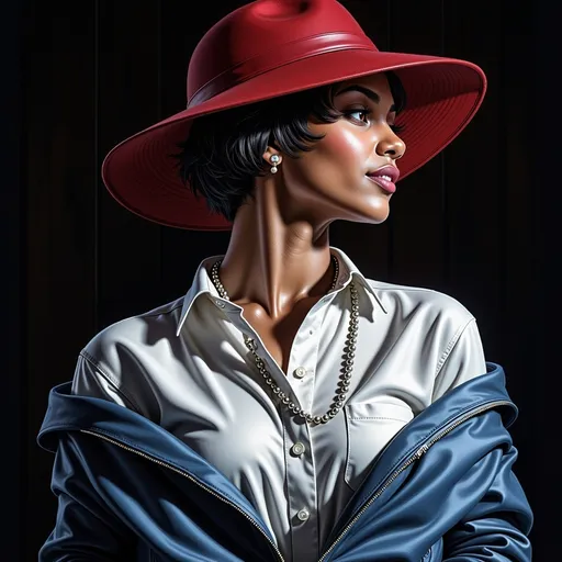 Prompt: a painting of a woman with a red hat on her head and a blue jacket on her shoulders and a white shirt on, Artgerm, figurative art, photorealistic portrait, a photorealistic painting