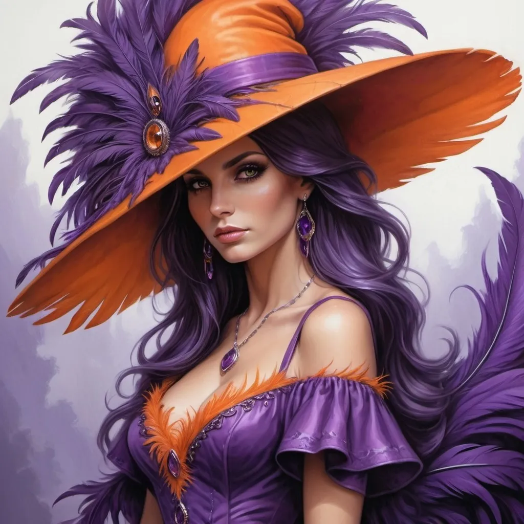 Prompt: a woman wearing a purple dress and a large orange hat with feathers on it's head and a purple feathered dress, Anne Stokes, fantasy art, purple, a detailed painting