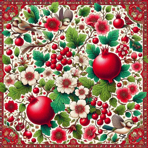 Prompt: A colorful design in the dimensions of 140centimeteres by 140 centimeters. It's main theme is red and white. There are pomegranates and cherry blossoms. with some green leaves and branches. It has some birds. Traditional Iranian style