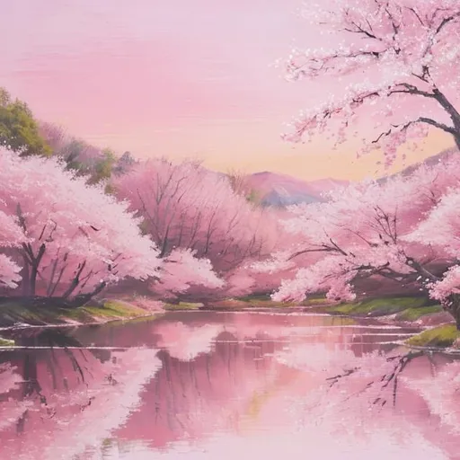 Prompt: A peaceful pink landscape, oil painting, cherry blossom trees in full bloom, serene lake reflecting the pink sky, high quality, impressionist, pastel pink tones, soft lighting