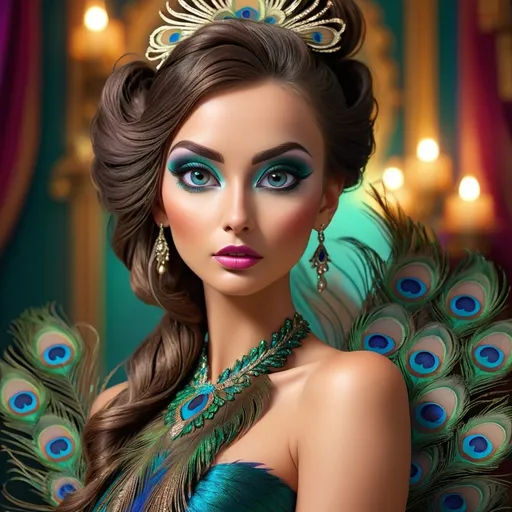 Prompt: Gorgeous woman with beautiful makeup and hair, peacock feathers, high-quality, detailed, realistic, elegant, vibrant colors, professional makeup, glamorous lighting, 4k resolution, portrait, detailed facial features, luxurious, exotic, peacock feathers, elegant hairstyle, stunning makeup, beauty shot