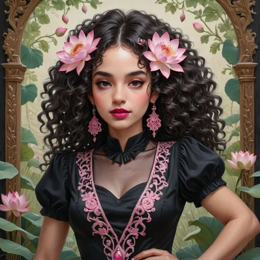 Prompt: With an air of elegance, a young woman stands confidently at the center of a richly adorned composition, her striking features framed by voluminous, curly hair embellished with pink lotus flowers. She wears a black dress accentuated by intricate pink embroidery that complements her vibrant red lips and delicate dangling earrings, enhancing her captivating presence. The backdrop is a lush arrangement of soft, pale roses against a serene blue-green backdrop, creating a contrast that draws the eye to her expressive gaze and poised demeanor. The lighting is warm and inviting, amplifying the overall romantic aesthetic and imbued with a sense of both grace and strength, portraying a story of beauty and cultural richness. The composition not only highlights her individuality but also evokes a timeless elegance that resonates deeply with the viewer.