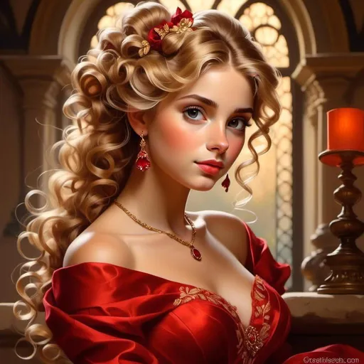 Prompt: <mymodel>High-quality digital painting of a teenage princess with blonde hair in a bun, wearing a stunning red dress, big pretty eyes, royal ambiance, detailed fabric textures, elegant crown, soft lighting, warm tones, professional, regal, detailed eyes, royal gown, digital painting, warm lighting, late teens, blonde bun hairstyle, royal ambiance