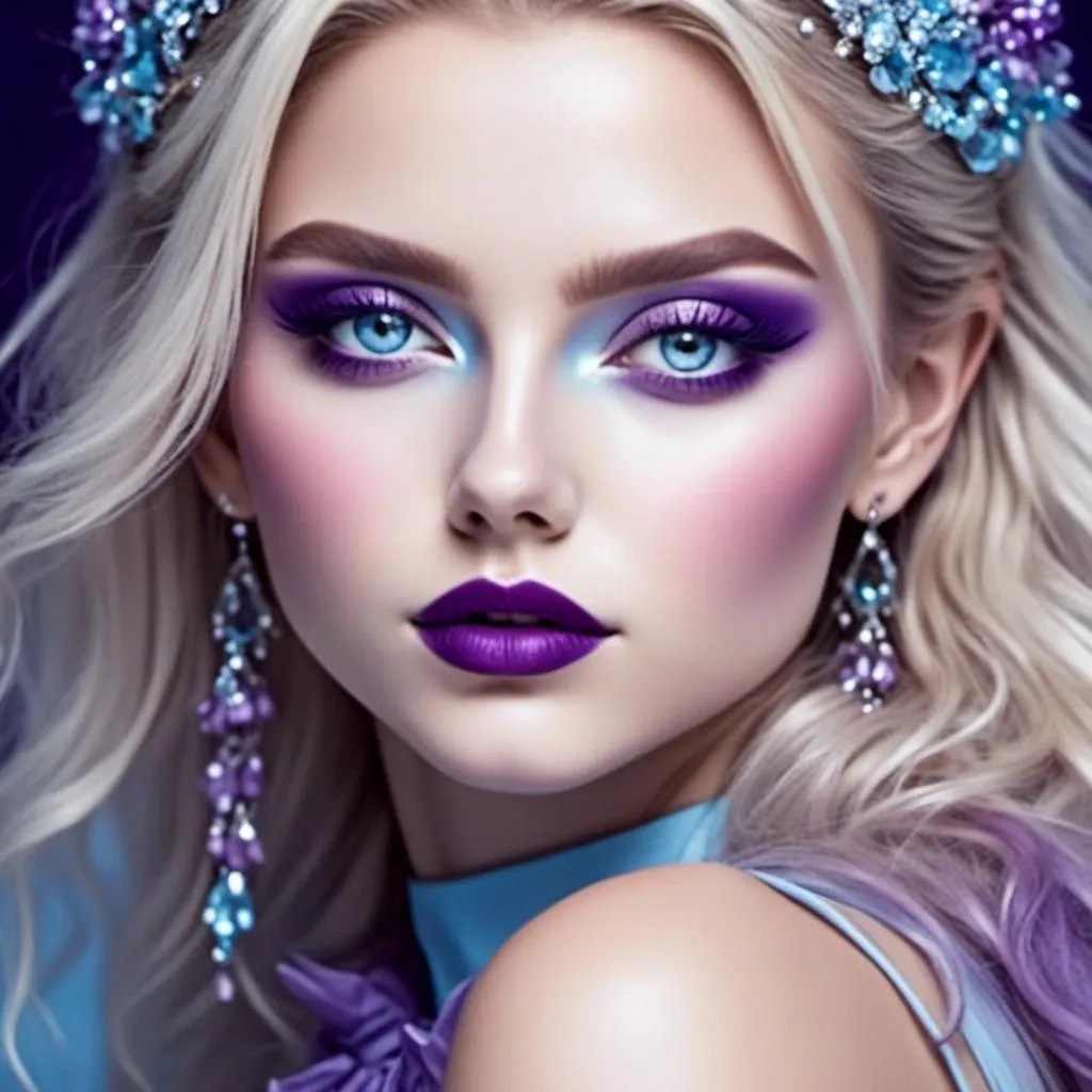 Prompt: <mymodel>Beautiful ethereal woman, long blonde hair,and icy blue eyes color, purple lipstick, facial closeup