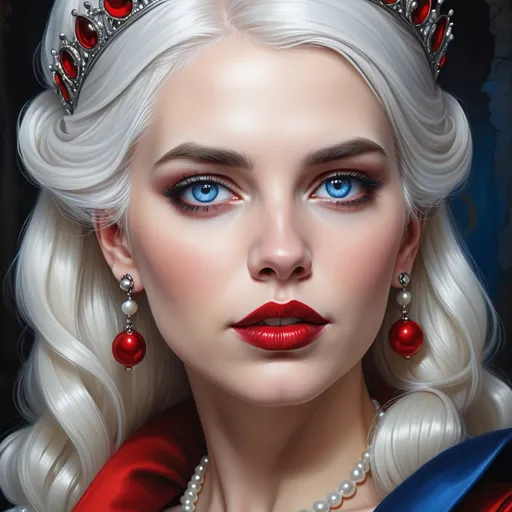 Prompt: a woman with  white hair, blue eyes, red lips, a tiara and pearls on her head and a red lip and a blue dress with a red and white collar, Anne Stokes, gothic art, highly detailed digital painting, a detailed painting