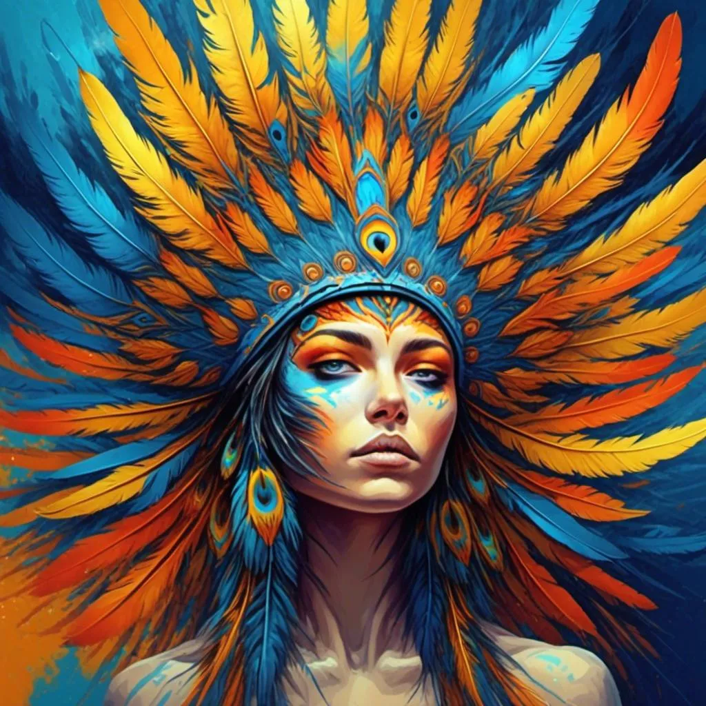 Prompt: <mymodel> a woman with feathers on her head and a blue background with a yellow and orange feather headdress, Android Jones, fantasy art, highly detailed digital painting, a painting