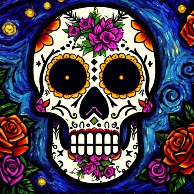 Prompt: The calavera but in starry nights art style
