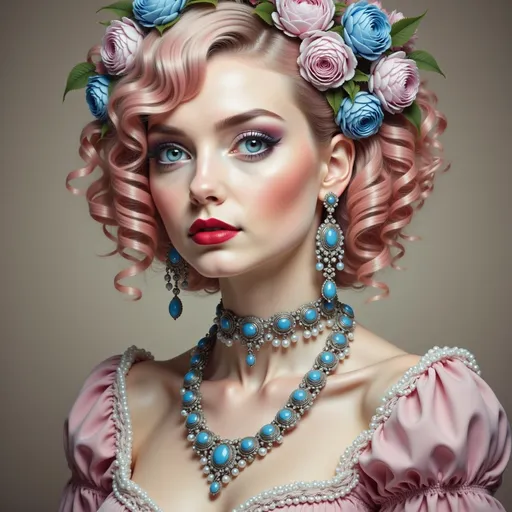 Prompt: a woman with pink hair and blue eyes wearing a necklace and earrings with roses on her head and a necklace with pearls, Edwin Georgi, photorealism, highly detailed digital painting, a photorealistic painting