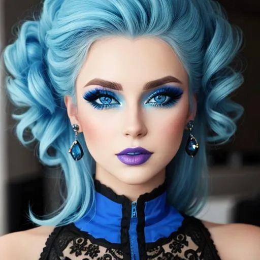 Prompt: A woman all in blue, blue eyes, pretty makeup