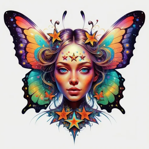 Prompt: a colorful butterfly with a woman's face on it's wings and a star above it's head, Android Jones, psychedelic art, highly detailed digital art, an airbrush painting