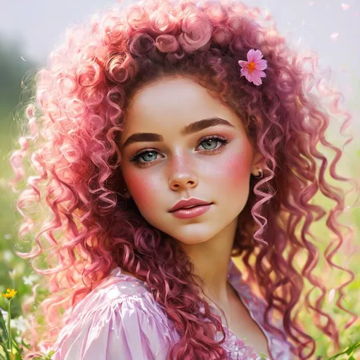 Prompt: a young fairy of spring, very curly hair, pink glow on cheeks,wildflowers, vivid colors, closeup