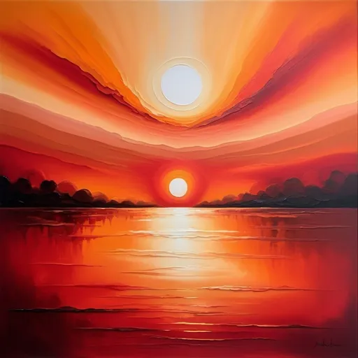 Prompt: Vibrant abstract painting of a serene sunrise, blend of warm red and orange hues, calming atmosphere, high quality, oil painting, relaxing mood, blended colors, serene setting, peaceful, warm tones, atmospheric lighting