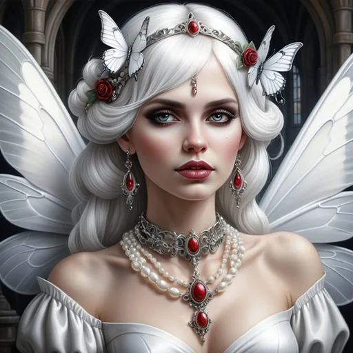 Prompt: a woman with white butterfly wings  and snow white haira adorned with pearlsand a necklace on her neck . Anne Stokes, gothic art, highly detailed digital painting, a photorealistic painting