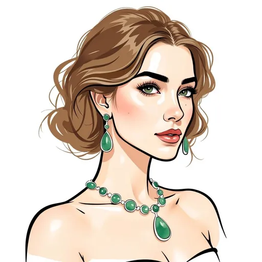 Prompt: This is a digital drawing of a woman with a stylized, semi-realistic art style. The subject is depicted from the shoulders up, facing slightly to the right. She has light skin, with a few small freckles on her cheeks, and short, wavy brown hair that falls just above her shoulders. Her eyes are strikingly green, with well-defined eyelashes and a subtle, confident expression on her face. She is wearing a pair of large, teardrop-shaped earrings that match her green eyes, and a necklace with five green gemstones, each set in a silver pendant that rests on her chest. The woman's lips are slightly parted, and she has a small mole above her upper lip on the right side. The background is plain white, which makes the subject stand out prominently. The drawing uses a combination of black and brown lines to create texture and depth, with green accents to highlight the jewelry and eyes. The overall style is elegant and sophisticated, with a focus on the woman's facial features and jewelry. The image has a clean, modern look, with a slight vintage influence due to the line work and color choices.