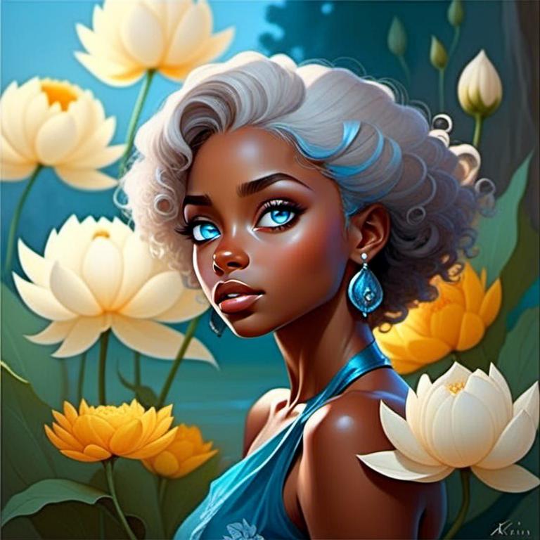 Prompt: <mymodel>splash art of a cute halfling female with very dark skin and short silver hair, curly coil, blue eyes, in the style of an oil painting, bright  colors, dreamy, black gown, outfit, lace jewelry on neck, fancy outfit,  by Ilya Kuvshinov and vofan,vofan art, white lotus flowers, Dahlia pinnata flower, pastel colors, dreamy, in a dynamic pose, soft light, in watercolor style,