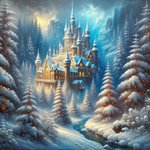 Prompt:  a painting of a castle surrounded by trees, beautiful fantasy painting, fairytale painting, whimsical fantasy landscape art, beautiful render of a fairytale, dream scenery art, snow landscape, winter scene fantasy, beautiful snowy landscape, snowy winter scene, thomas kinkade style painting, fairytale artwork, snow forest, adrian borda, snow scene, winter painting, beautiful winter area 