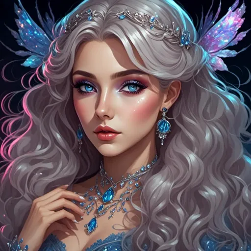 Prompt: <mymodel>A beautiful woman, snow white hair with pastel highlights, frosty blue eyes, blue eyeshadow, blue jewels on forehead